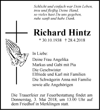 Traueranzeige von Richard Hintz von SÜDWEST PRESSE Ausgabe Ulm/Neu-Ulm