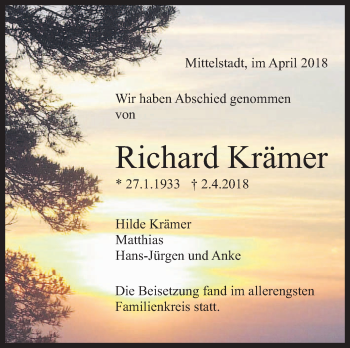 Traueranzeige von Richard Krämer von Metzinger-Uracher Volksblatt