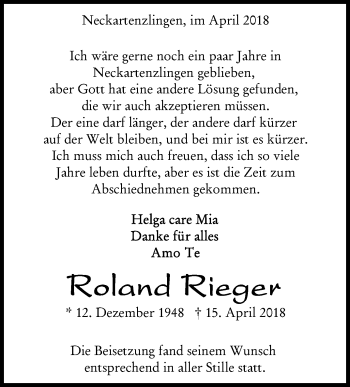 Traueranzeige von Roland Rieger von Metzinger-Uracher Volksblatt