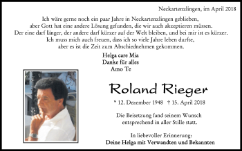 Traueranzeige von Roland Rieger von Metzinger-Uracher Volksblatt