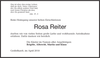 Traueranzeige von Rosa Reiter von Haller Tagblatt