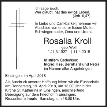 Traueranzeige von Rosalia Kroll von SÜDWEST PRESSE Ausgabe Ulm/Neu-Ulm