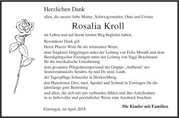 Traueranzeige von Rosalia Kroll von SÜDWEST PRESSE Ausgabe Ulm/Neu-Ulm