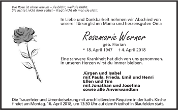 Traueranzeige von Rosemarie Werner von Hohenloher Tagblatt