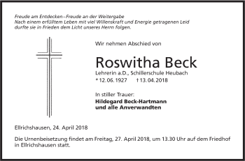 Traueranzeige von Roswitha Beck von Hohenloher Tagblatt