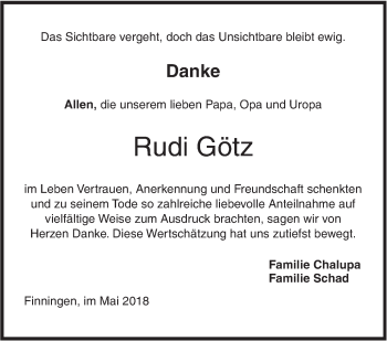 Traueranzeige von Rudi Götz von SÜDWEST PRESSE Ausgabe Ulm/Neu-Ulm