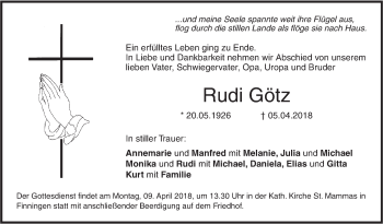 Traueranzeige von Rudi Götz von SÜDWEST PRESSE Ausgabe Ulm/Neu-Ulm