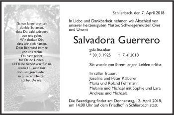 Traueranzeige von Salvadora Guerrero von NWZ Neue Württembergische Zeitung