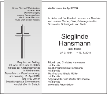 Traueranzeige von Sieglinde Hansmann von NWZ Neue Württembergische Zeitung/Geislinger Zeitung