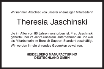 Traueranzeige von Theresia Jaschinski von Geislinger Zeitung