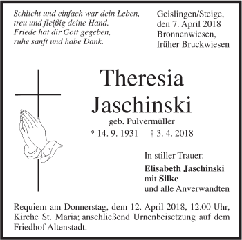 Traueranzeige von Theresia Jaschinski von Geislinger Zeitung