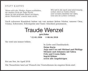 Traueranzeige von Traude Wenzel von Hohenloher Tagblatt