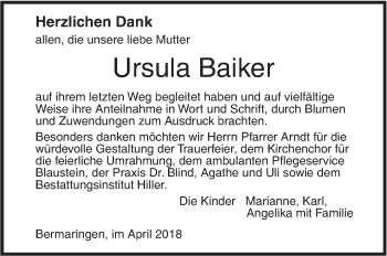 Traueranzeige von Ursula Baiker von SÜDWEST PRESSE Ausgabe Ulm/Neu-Ulm