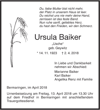 Traueranzeige von Ursula Baiker von SÜDWEST PRESSE Ausgabe Ulm/Neu-Ulm