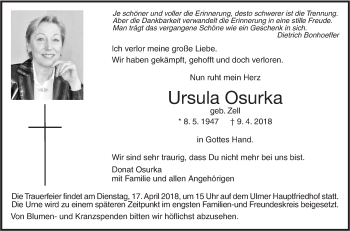 Traueranzeige von Ursula Osurka von SÜDWEST PRESSE Ausgabe Ulm/Neu-Ulm