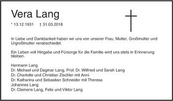 Traueranzeige von Vera Lang von SÜDWEST PRESSE Ausgabe Ulm/Neu-Ulm