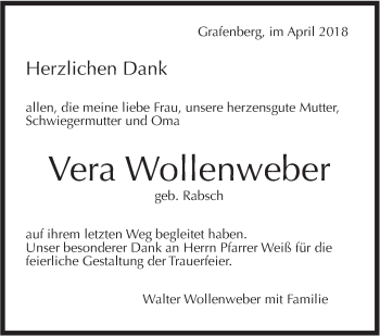 Traueranzeige von Vera Wollenweber von Metzinger-Uracher Volksblatt