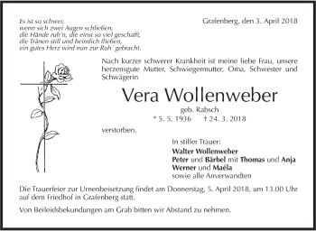 Traueranzeige von Vera Wollenweber von Metzinger-Uracher Volksblatt