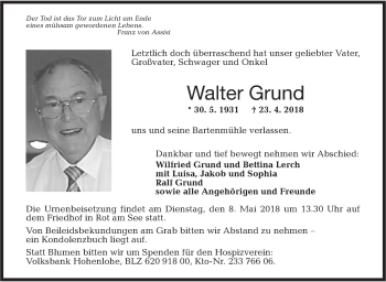 Traueranzeige von Walter Grund von Hohenloher Tagblatt