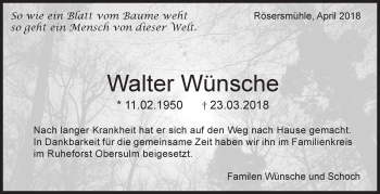 Traueranzeige von Walter Wünsche von Haller Tagblatt