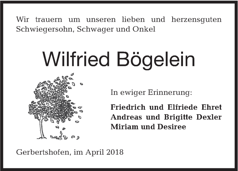  Traueranzeige für Wilfried Bögelein vom 04.04.2018 aus Hohenloher Tagblatt