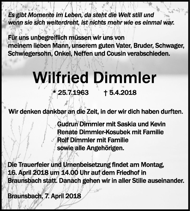  Traueranzeige für Wilfried Dimmler vom 07.04.2018 aus Haller Tagblatt