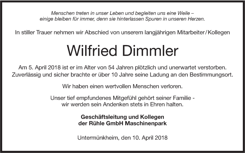  Traueranzeige für Wilfried Dimmler vom 10.04.2018 aus Haller Tagblatt