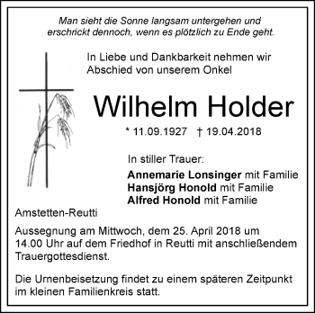 Traueranzeige von Wilhelm Holder von Geislinger Zeitung