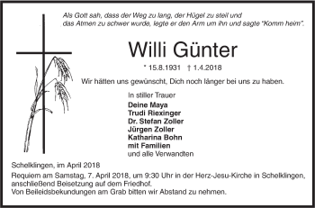 Traueranzeige von Willi Günter von Ehinger Tagblatt