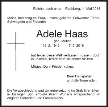 Traueranzeige von Adele Haas von NWZ Neue Württembergische Zeitung