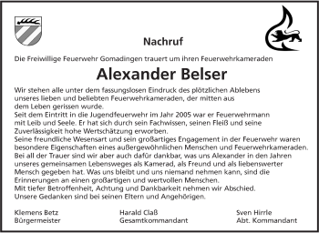 Traueranzeige von Alexander Belser von Alb-Bote/Metzinger-Uracher Volksblatt