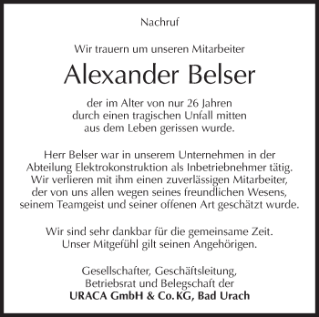 Traueranzeige von Alexander Belser von Metzinger-Uracher Volksblatt