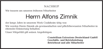 Traueranzeige von Alfons Zimnik von Hohenloher Tagblatt