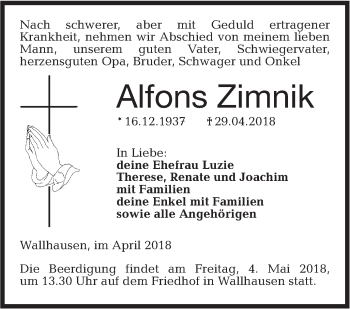 Traueranzeige von Alfons Zimnik von Hohenloher Tagblatt