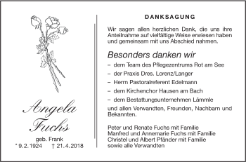 Traueranzeige von Angela Fuchs von Hohenloher Tagblatt