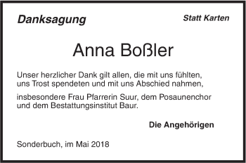 Traueranzeige von Anna Boßler von SÜDWEST PRESSE Ausgabe Ulm/Neu-Ulm