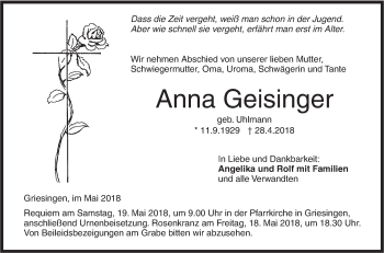 Traueranzeige von Anna Geisinger von Ehinger Tagblatt