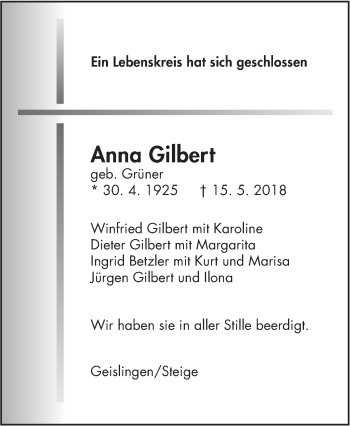 Traueranzeige von Anna Gilbert von Geislinger Zeitung