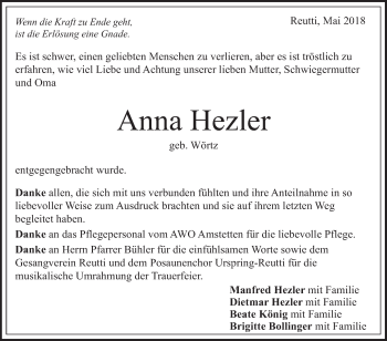 Traueranzeige von Anna Hezler von Geislinger Zeitung