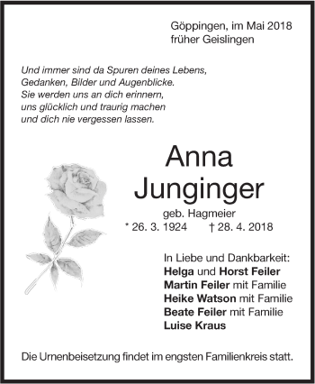 Traueranzeige von Anna Junginger von NWZ Neue Württembergische Zeitung/Geislinger Zeitung