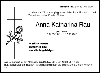 Traueranzeige von Anna Katharina Rau von Hohenzollerische Zeitung