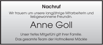 Traueranzeige von Anne Goll von SÜDWEST PRESSE Ausgabe Ulm/Neu-Ulm