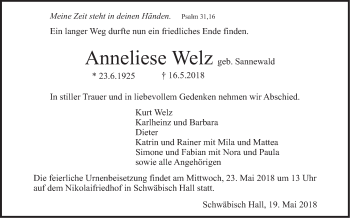 Traueranzeige von Anneliese Welz von Haller Tagblatt