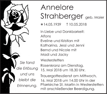 Traueranzeige von Annelore Strahberger von SÜDWEST PRESSE Ausgabe Ulm/Neu-Ulm