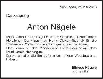 Traueranzeige von Anton Nägele von NWZ Neue Württembergische Zeitung