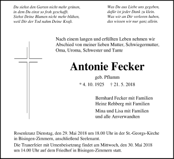 Traueranzeige von Antonie Fecker von Hohenzollerische Zeitung