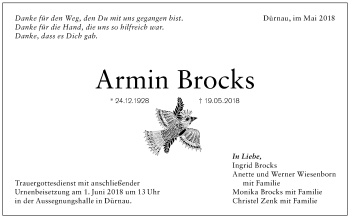 Traueranzeige von Armin Brocks von NWZ Neue Württembergische Zeitung