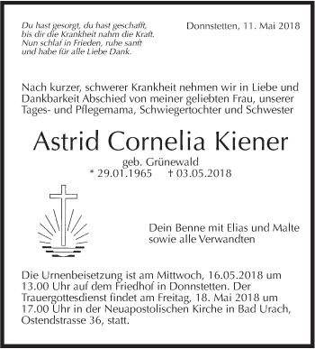 Traueranzeige von Astrid Cornelia Kiener von Metzinger-Uracher Volksblatt