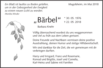 Traueranzeige von Barbara Knehr von Alb-Bote/Metzinger-Uracher Volksblatt