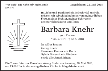 Traueranzeige von Barbara Knehr von Alb-Bote/Metzinger-Uracher Volksblatt